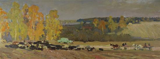 Russian School, oil on board, Farm scene, 26 x 68cm